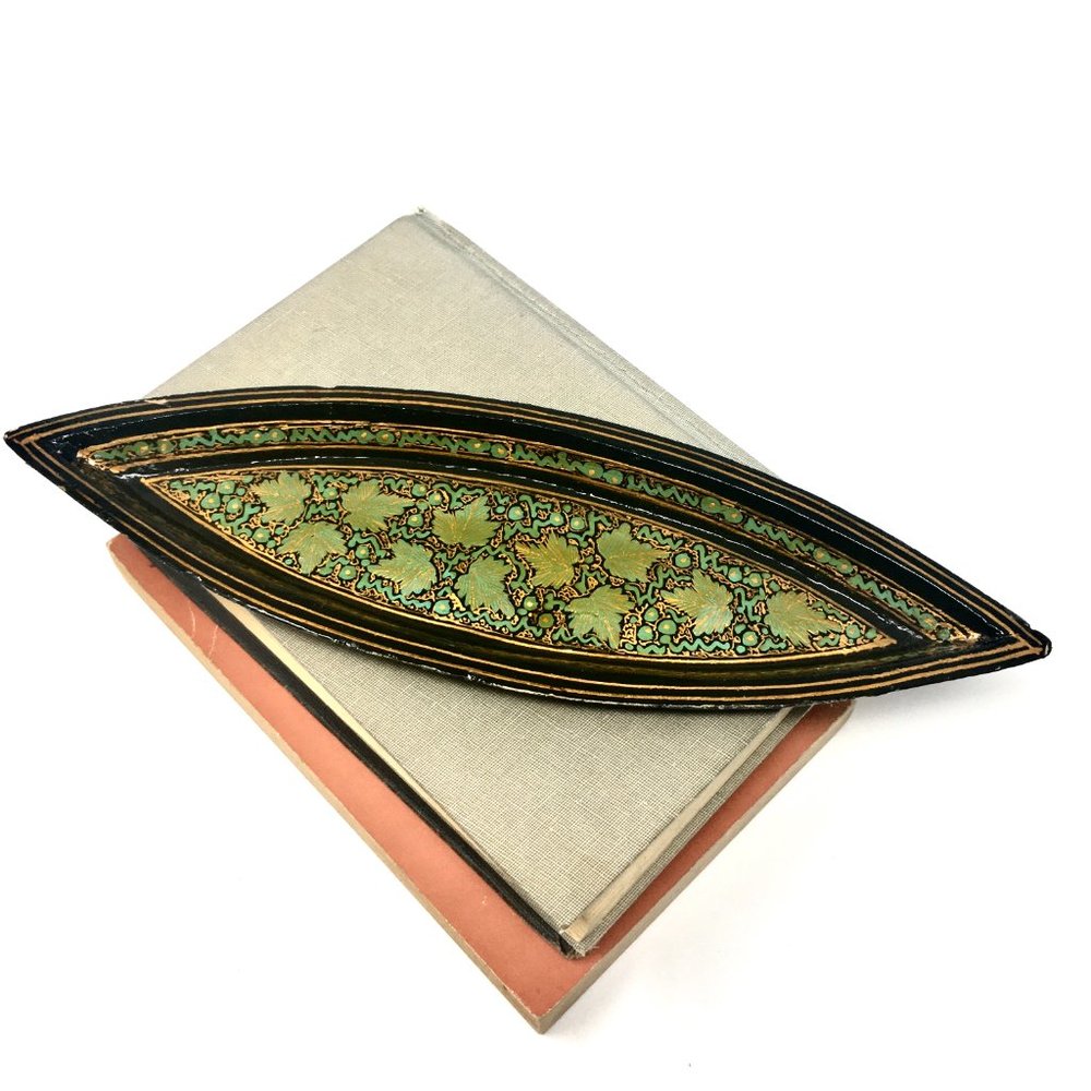 Kashmiri Hand Painted Marquis Shape Lacquered Wood Incense Holder Trinket Tray